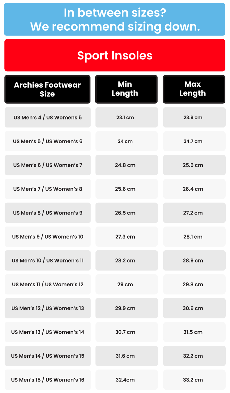 Size 31 Insole Insoles - Standard - Sport – Archies Footwear | AU